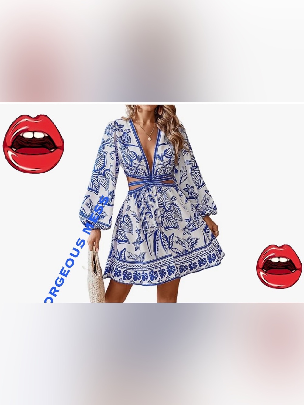 ✨BNWT✨ Blue & White Floral V-Neck Cutout Mini Dress